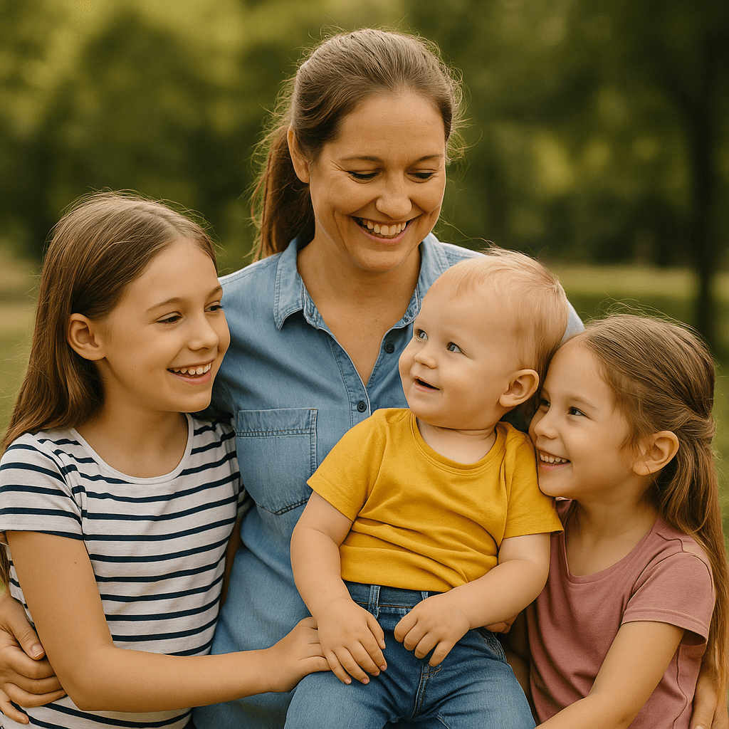 Mosolygó édesanya három gyermekével a parkban, a legkisebb kisfiút az ölében tartva.