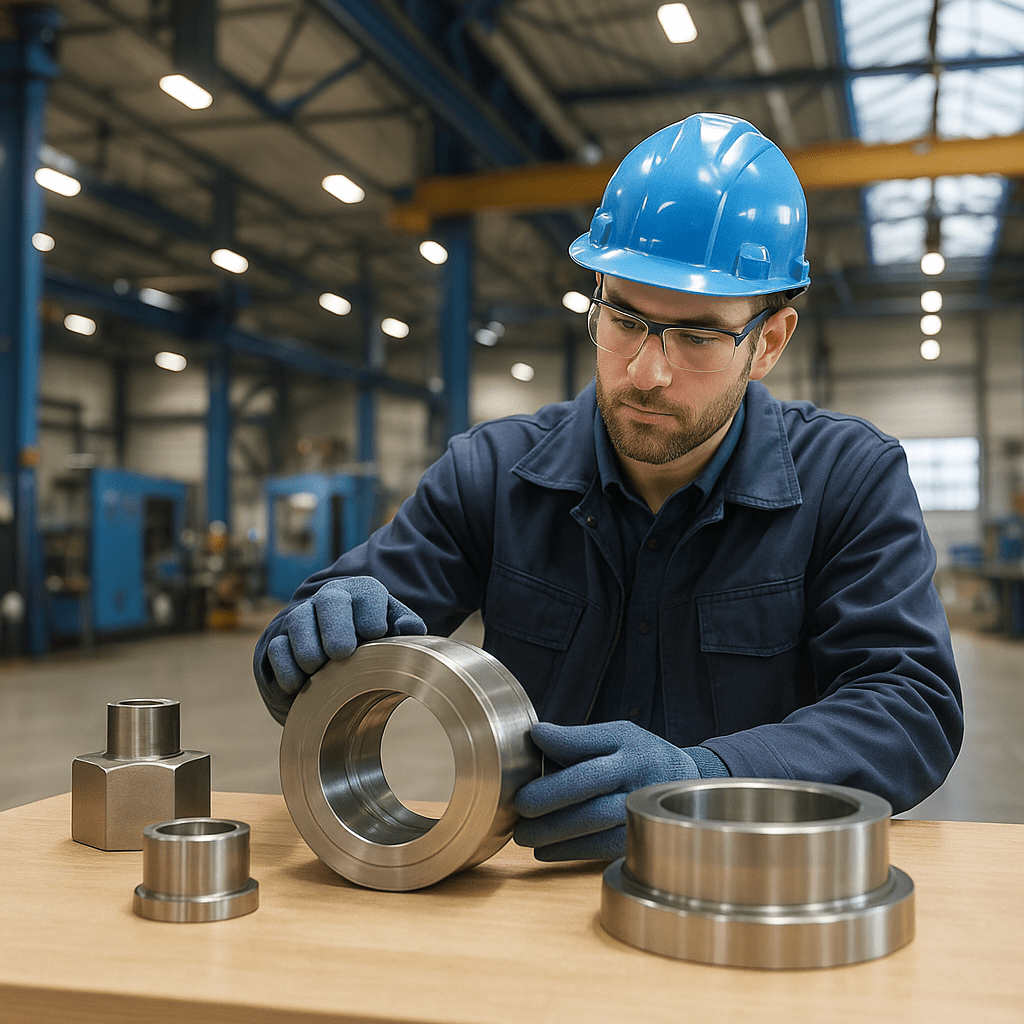 Védősisakos gyári munkás fém alkatrészeket vizsgál egy modern ipari üzemben.