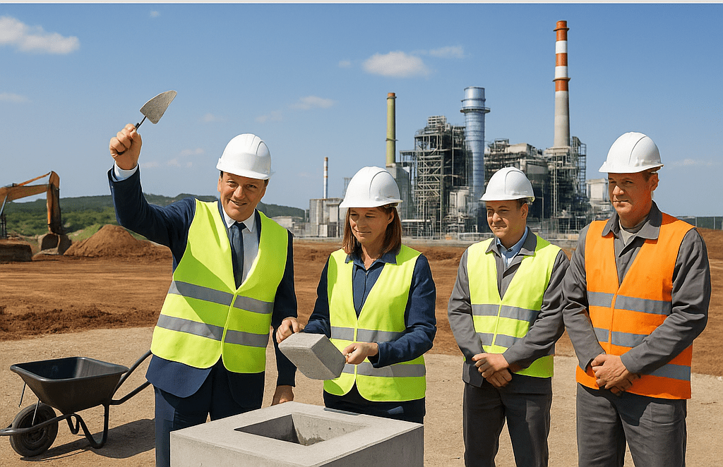 Szakemberek védősisakban és láthatósági mellényben elhelyezik az új visontai gázturbinás erőmű alapkövét, a háttérben az erőmű ipari épületeivel.