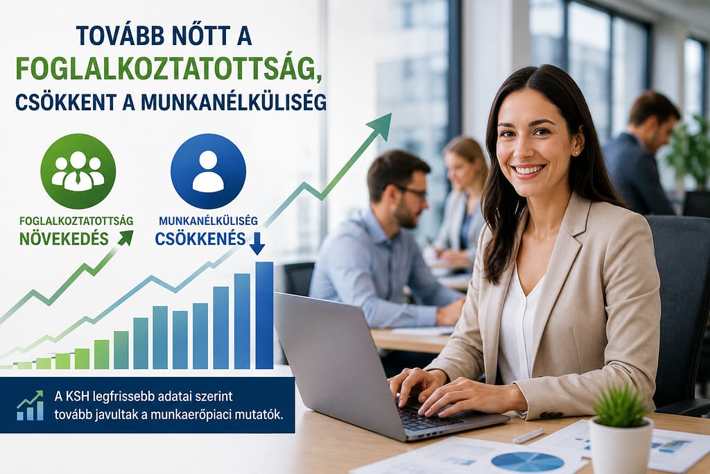 Modern irodai környezetben dolgozó munkavállaló és növekvő grafikonok szemléltetik a foglalkoztatottság emelkedését és a munkanélküliség csökkenését Magyarországon.