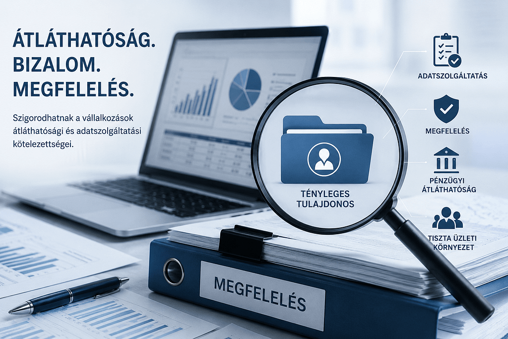 Pénzügyi dokumentumok és laptop egy irodában, amelyek a vállalkozások átláthatóságát és megfelelési kötelezettségeit jelképezik.