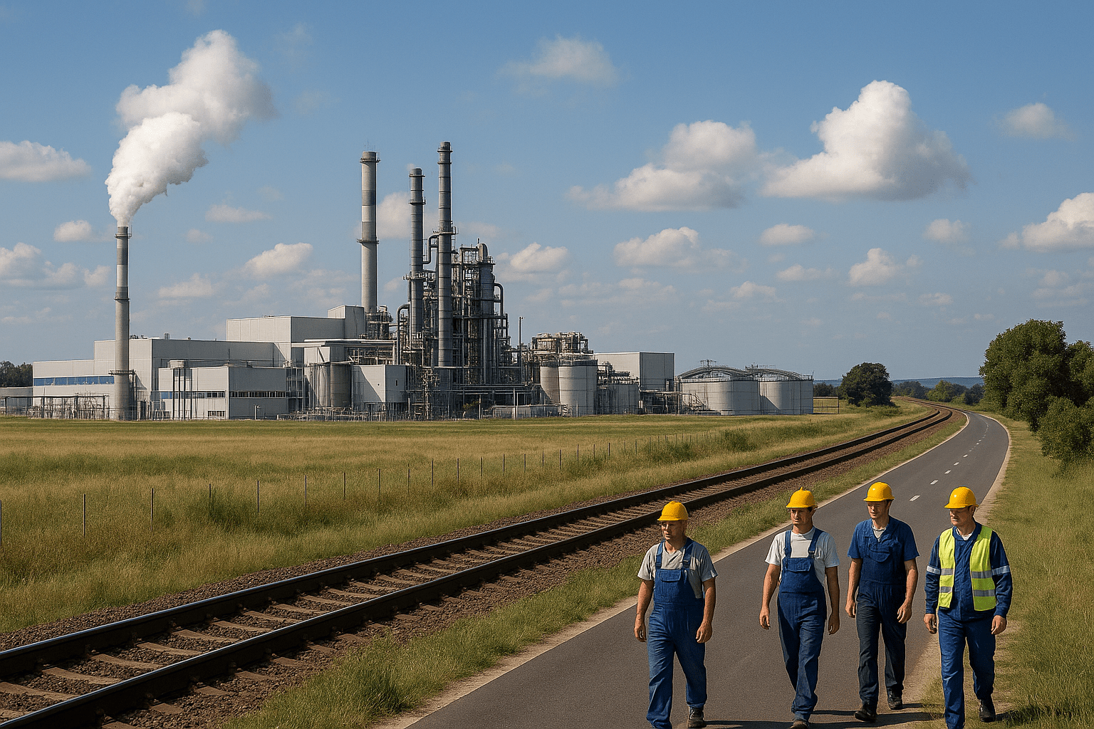 háttérben egy működő gyár, munkások sétálnak az úton