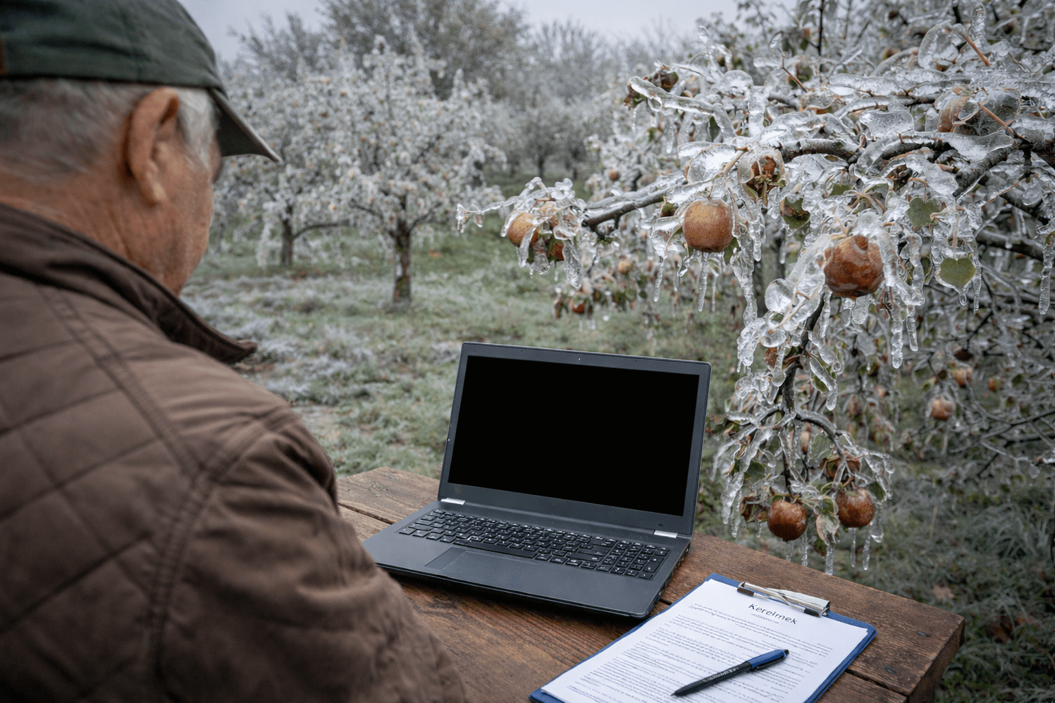 Jegesedett gyümölcsfák között álló gazdálkodó, asztalon laptop és dokumentumok.