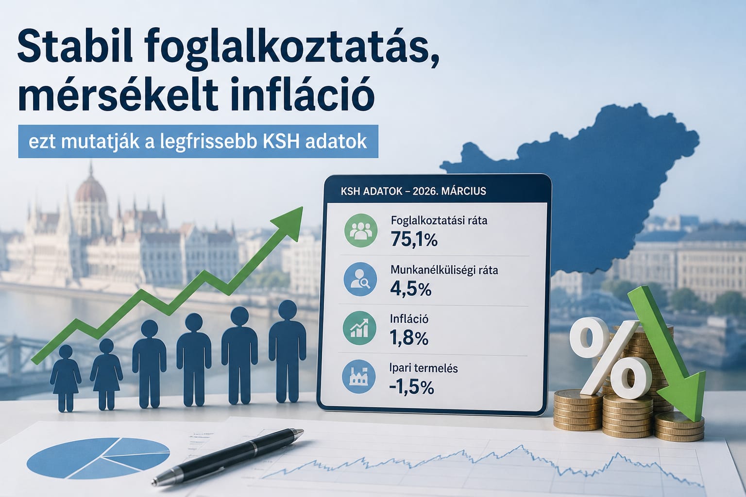 Gazdasági illusztráció növekvő grafikonokkal, emberalakokkal és százalék jellel, a foglalkoztatás és infláció alakulását szimbolizálva Magyarországon