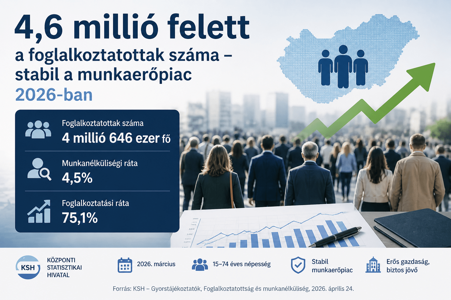 Dolgozó emberek és növekvő grafikon a stabil munkaerőpiac jelképeként