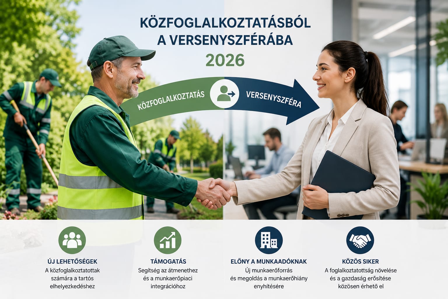 Munkavállalók és munkaadók találkozását jelképező modern munkahelyi környezet, amely a közfoglalkoztatásból a versenyszférába történő átmenetet szemlélteti.