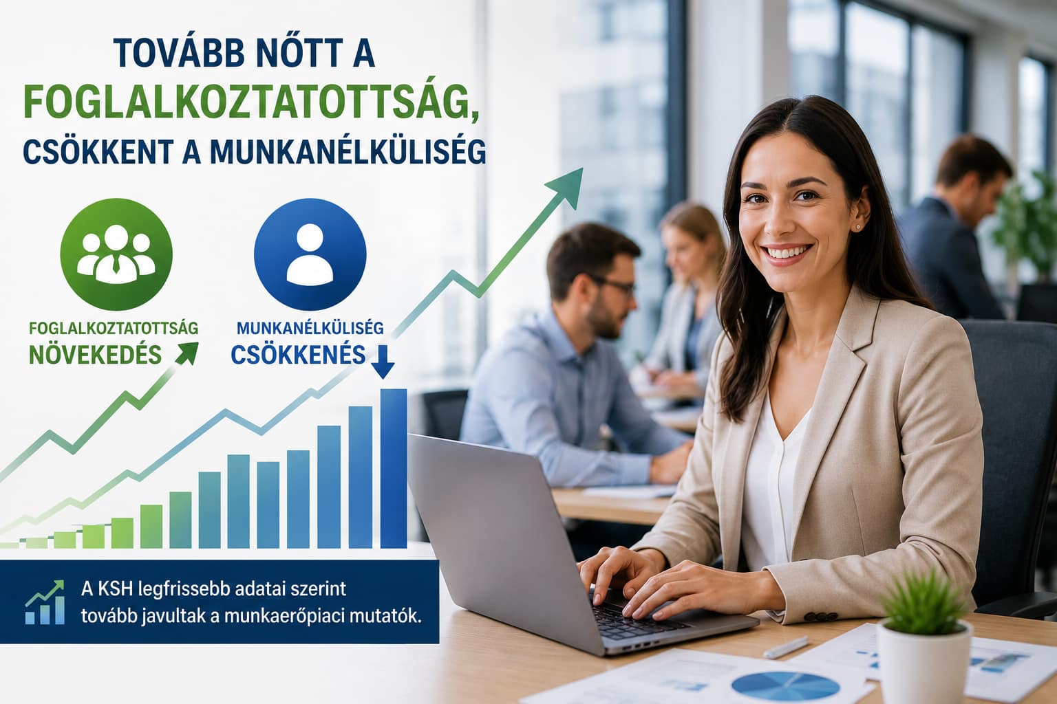 Modern irodai környezetben dolgozó munkavállaló és növekvő grafikonok szemléltetik a foglalkoztatottság emelkedését és a munkanélküliség csökkenését Magyarországon.