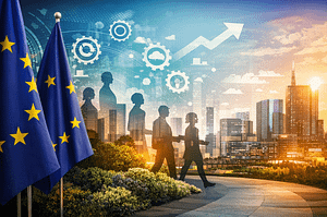 Társadalmi innováció és foglalkoztatáspolitika jövője az Európai Unióban, szimbolikus ábrázolással.