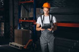 fiatal férfi munkaruhában védősisakban tablattel a kezében