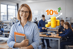 Fiatal nő, kezében jegyzetekkel, mögötte diákok gyakorlati munkát végeznek; a béremelést jelképező grafikus elemekkel.