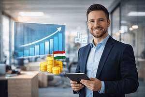 Üzletember modern irodai környezetben tablettel a kezében, mellette növekvő oszlopdiagram és pénzérmék, a kkv-beruházások bővülését jelképezve.
