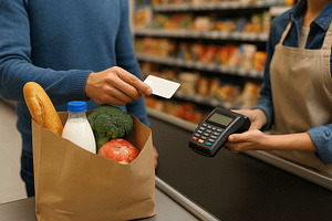 Vásárló érintésmentes bankkártyás fizetést végez egy szupermarket pénztáránál, a pulton papírzacskóban élelmiszerekkel.