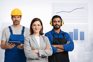 Különböző ágazatokban dolgozó munkavállalók állnak semleges háttér előtt, mögöttük üres grafikonok láthatók, a munkaerőpiaci folyamatok szemléltetésére.