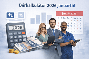 Különböző foglalkozású munkavállalók egy bérkalkulátort ábrázoló grafika mellett, háttérben naptár és semleges diagramok, a 2026 januárjától érvényes bérszámítás szemléltetésére