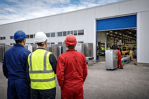 Védősisakos munkavállalók egy ipari csarnok előtt állnak, a nyitott kapun át látható a gyártósor és a raktári mozgatás