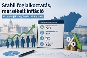 Gazdasági illusztráció növekvő grafikonokkal, emberalakokkal és százalék jellel, a foglalkoztatás és infláció alakulását szimbolizálva Magyarországon
