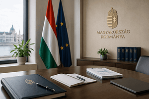 Kormányzati munkakörnyezet dokumentumokkal és digitális eszközökkel, amely a szakpolitikai döntések előkészítését és a közigazgatási feladatok ellátását jelképezi.
