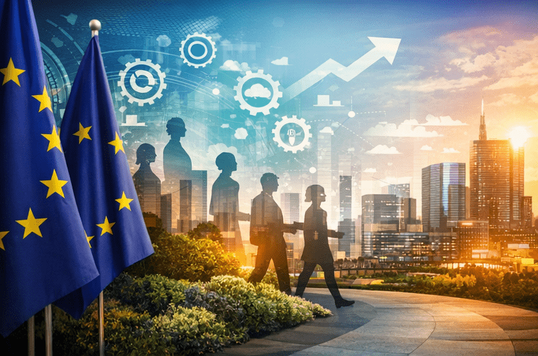 Társadalmi innováció és foglalkoztatáspolitika jövője az Európai Unióban, szimbolikus ábrázolással.